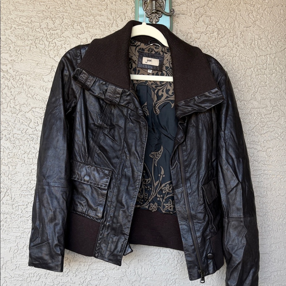 June Brown Leather Jacket with Ribbed Collar